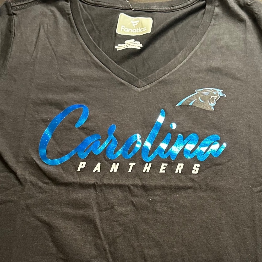 Fanatics Carolina Panthers NFL Womens V-Neck T-Shirt Black Blue Foil Size L